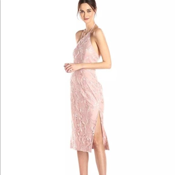 Vera Wang Asymmetric Sequin Lace Blush Midi Dress - Picture 2 of 8
